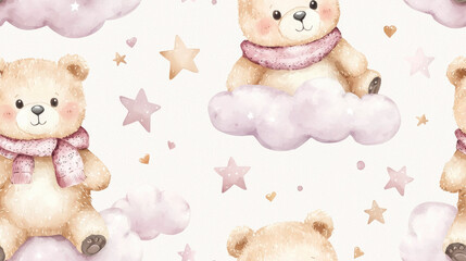 Charming watercolor pattern shows adorable bears sitting on fluffy clouds surrounded by twinkling stars and hearts, perfect for playful children\'s spaces and crafts