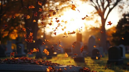 Obraz premium Autumn Leaves Dance in Graveyard at Sunset, Capturing the Serenity and Transition of Seasons in a Peaceful Cemetery Setting