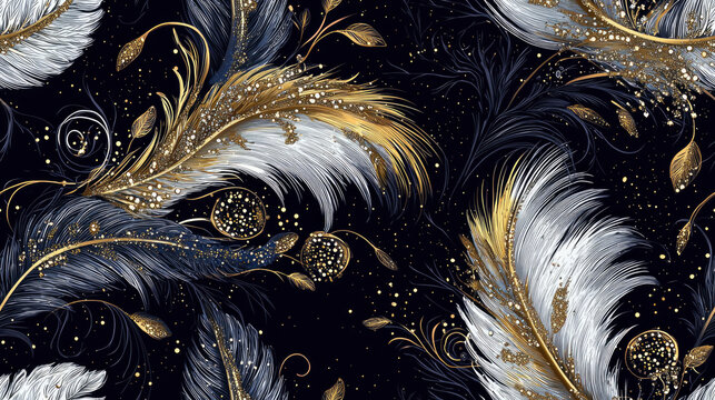 This vector pattern showcases an intricate arrangement of feathers with gold and silver tones, beautifully set against a dark background for striking contrast