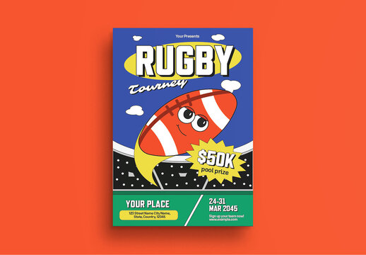 Blue Yellow Quirky Illustration Rugby Tournament Flyer