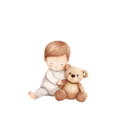 Sweet Dreams with Teddy Bear: A charming watercolor illustration of a cute baby cuddling a teddy bear, perfect for children's books, nursery decor, and baby shower invitations.  
