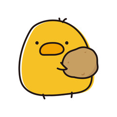 ジャガイモの男爵芋を持っているまんまるひよこ © てがきっず