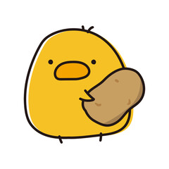 ジャガイモのメークインを持っているまんまるひよこ © てがきっず