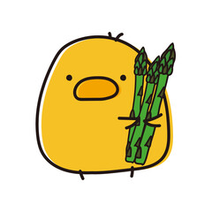 アスパラガスを持ったまんまるひよこ © てがきっず