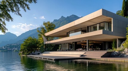 Obraz premium Modern Lakeside Concrete House Mountain View