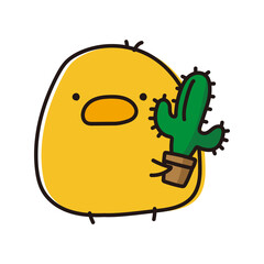 サボテンを持っているまんまるひよこ © てがきっず