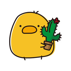 花の咲いたサボテンを持っているまんまるひよこ © てがきっず