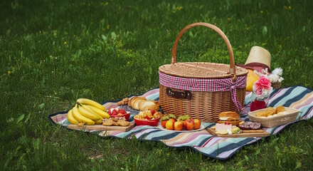 A PICNIC SETUP ON A LUSH GREEN MEADOW, COMPLETE WITH A WICKER BASKET AND COLORFUL BLANKET.