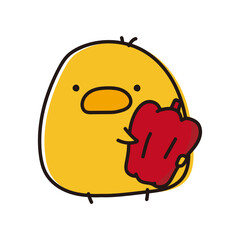 赤いパプリカを持っているまんまるひよこ © てがきっず