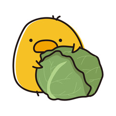 キャベツを持っているまんまるひよこ © てがきっず