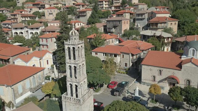 Revealing the traditional village of Stemnitsa from the central square with its iconic clock tower