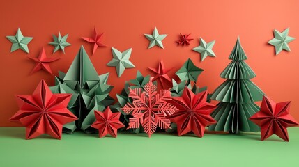 Elegant holiday scene with intricately folded paper snowflakes, stars, and trees in vibrant red and green, set against a minimalist background.