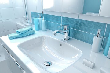 Fototapeta premium Modern bathroom design featuring sleek sink and turquoise accents in a bright, clean space