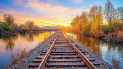 Fototapeta premium Tranquil Sunset Over the Railway Tracks with River Reflections and Warm Autumn Colors Creating a Serene Landscape Scene in Nature