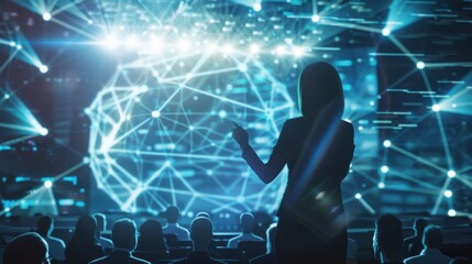 A high-energy shot of a business leader giving a presentation in a high-tech auditorium, with laser pointers and holographic displays enhancing the visual impact