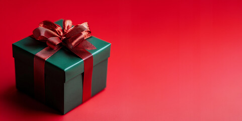 Fototapeta premium A beautifully wrapped green gift box with a vibrant red ribbon on a red background, perfect for Christmas or special occasions, gift, box, christmas, ribbon, present, bow, birthday