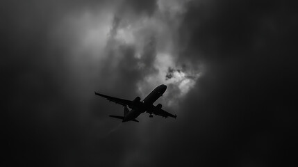 Military aircraft navigating through dark storm clouds during a turbulent flight at sunset