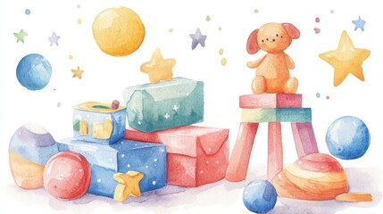 Obraz premium Colorful Watercolor Illustration of Children's Toys and Blocks