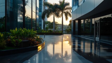 Fototapeta premium Serene Sunset Reflection at Modern Building Plaza