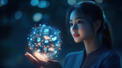 A woman is holding a glowing orb that is made up of many different icons. Generative AI