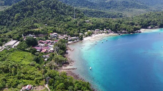Scenic aerial drone view of Iboih in Pulau Weh, popular snorkeling and diving holiday destination, in Sabang, Aceh, Indonesia