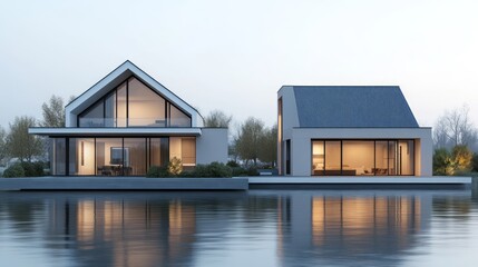 Two modern waterfront houses with large windows, reflecting in calm water at dusk.