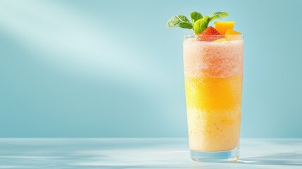 Obraz premium Sipping a refreshing tropical fruit drink bright outdoor patio colorful beverage relaxed summer vibe inviting atmosphere