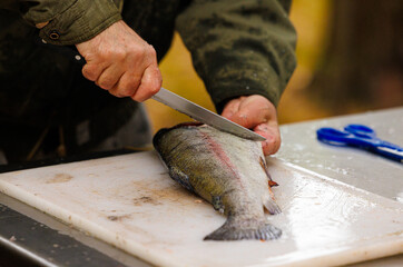 Mastering the art of filleting fish at a tranquil lakeside retreat during autumn foliage