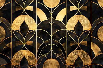 Luxurious and elegant art deco pattern with repeated gold geometric shapes and lines on a dark background
