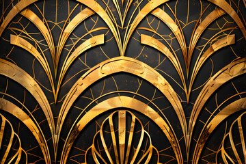 Elegant art deco pattern in shimmering gold on a dark backdrop, featuring luxurious geometric shapes and metallic textures for a sophisticated design