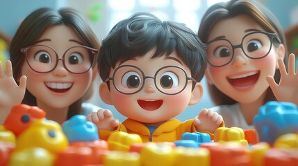 Cheerful cartoon children with colorful toys in a playful learning environment