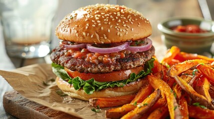 A delicious burger with lettuce, tomato, and onion, served with sweet potato fries.