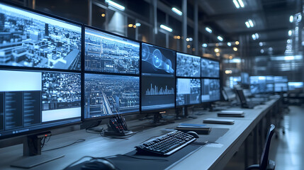 Fototapeta premium Urban Surveillance System, A Network of Monitors Displays City Data and Aerial Views in a High-Tech Control Room