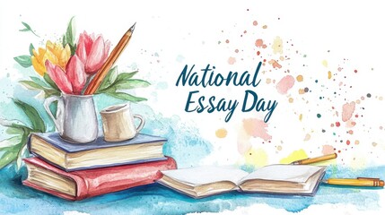 National Essay Day National essay day celebration with books, flowers, and artistic supplies