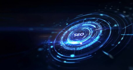 Blue glowing digital circular element with the word SEO at its center, representing technology and innovation, modern design with luminous effects, digital marketing
