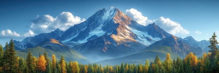 Fototapeta premium Majestic Mountain Peak Under Ethereal Glow with Autumn Trees and Stunning Landscape in Clear Blue Sky