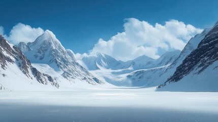 Obraz premium A serene winter landscape featuring majestic snow-covered mountains and a glacial valley.