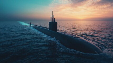 Fototapeta premium National Submarine Day Majestic Submarine Emerges at Sunset on Tranquil Sea