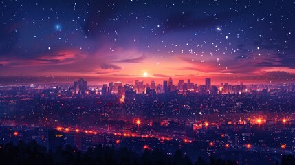 Naklejka premium A vibrant city skyline at sunset, illuminated by lights against a starry sky.