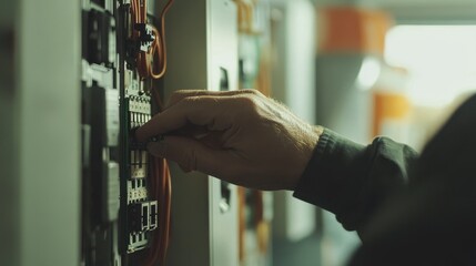 Man's Hand Accessing Electrical Panel in Narrow Hallway