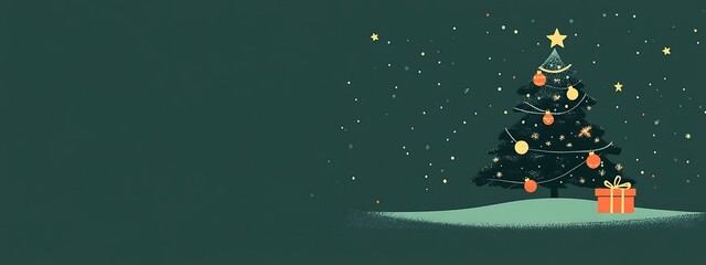 A green paper Christmas tree cutout adorned with red and white ornaments, stars, and a wrapped gift, conveying a festive holiday atmosphere and creative design,