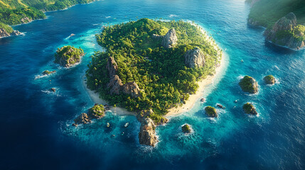 Ocean, tropical island, rocks, boats  ideal for travel brochures, vacation websites, and advertising materials with a serene, tropical theme. Generated AI