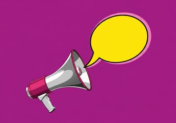 Pop art megaphone with speech bubble on vibrant purple background