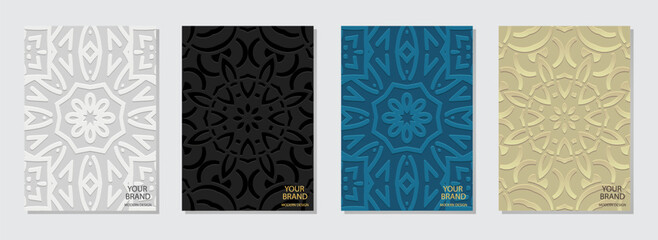 Set of covers, vertical templates. Original collection of relief, geometric backgrounds with 3D patterns, embossing. Handmade, mandala, logo. Ornamental ethnicity of the East, Asia, India, Mexico.