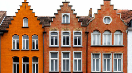Fototapeta premium European Brick Architecture, Charming Old Townhouses with Gable Roofs and Symmetrical Windows in Warm Tones.