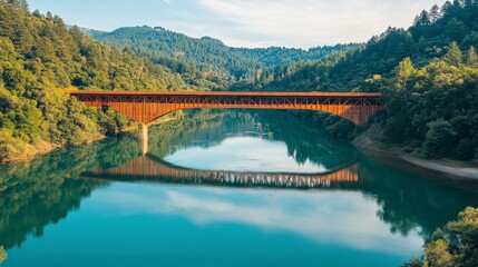 Scenic aerial view of a vibrant orange bridge spanning a tranquil river surrounded by lush green trees and mountains under a clear blue sky in daylight
