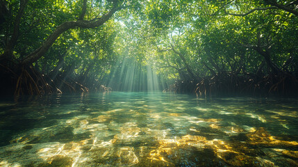 Sunlight streaming through mangrove trees over clear shallow water, ideal for nature, environment, travel, and outdoorthemed design projects. Generated AI