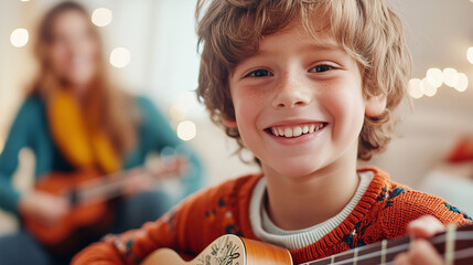 Son and Mother Playing Ukulele Together, Boy and Woman Enjoying Family Music Time, Smiling and Learning at Home, Acoustic Stringed Instrument Fun.