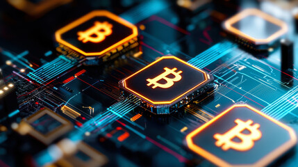Digital Bitcoin circuit board with glowing symbols and connections