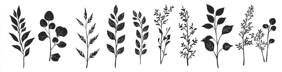 Fototapeta premium Minimalist Black and White Silhouette Illustrations of Various Botanical Stems with Leaves Generative AI